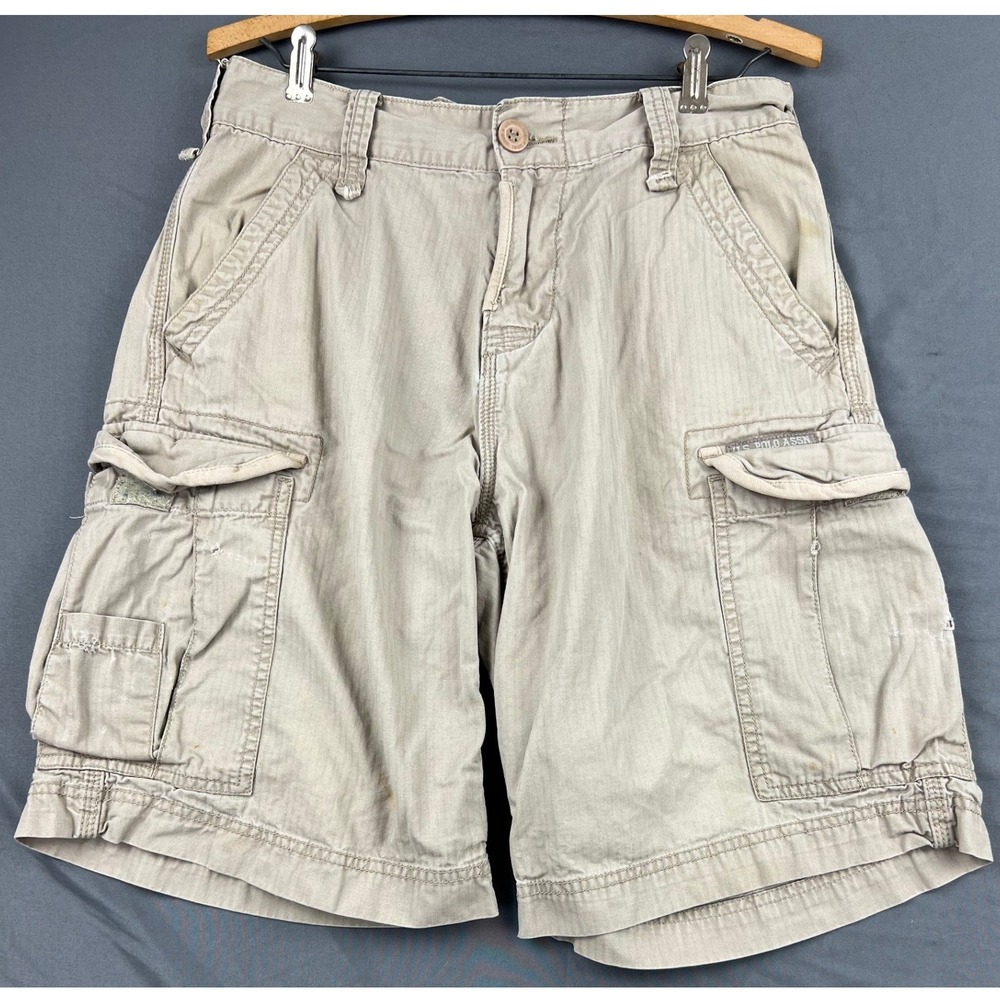 U.S. Polo Assn Cargo Shorts Mens 30 Tan Khaki Cotton Herringbone Distressed
